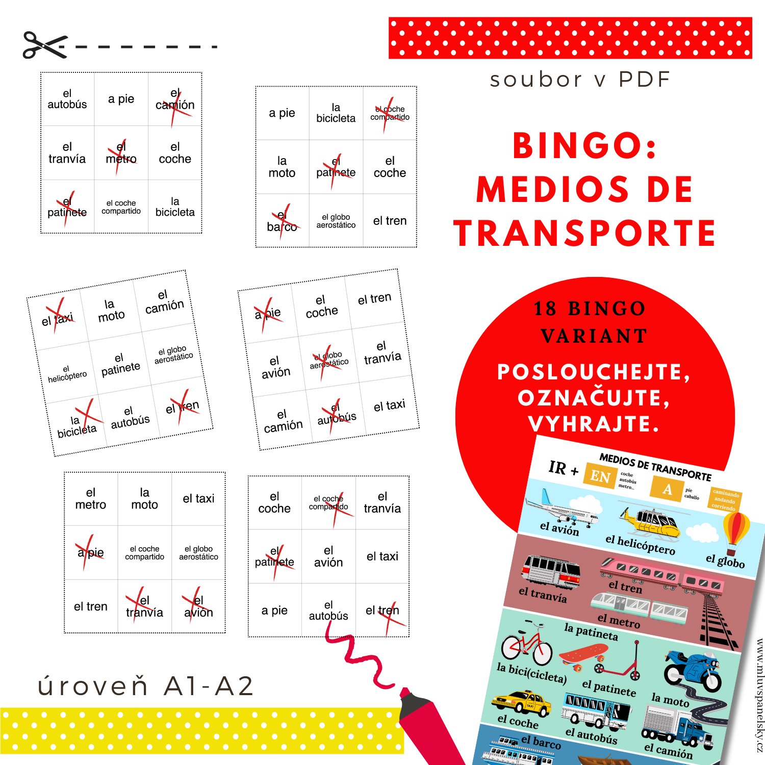 Bingo na dopravní prostředky ve španělštině